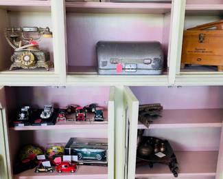 Vintage ornate phone, vintage typewriter vintage hairdryer, collectible miniature cars