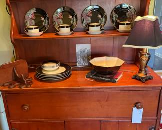 Fitz and Floyd dishes. Wood hutch 42x17