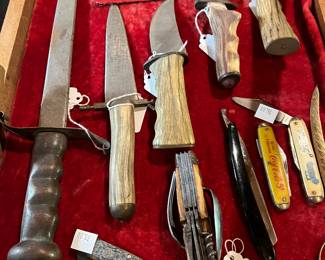 Collection of hand made knives 
Knife with spoon.fork , and cork screw 