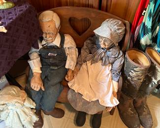 Old man and woman dolls w bench 