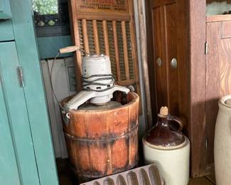Wooden Ice cream maker 
Wooden washboard 
Cast iron cornbread 