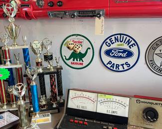 1956 Red Ford dash  complete 
New signs 
Marquette battery/ voltage tester