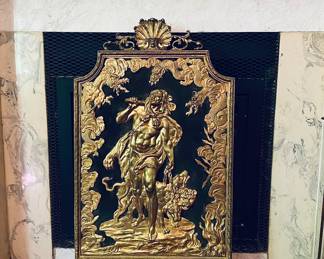In the style of Henry Dasson Gilded Ormolu Fire Screen, depicting Heracles and Cerberus