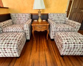 Pair of Occasional chairs with ottomans, nice neutral colors plus a fabulous little end table and lamp