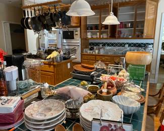 MANY kitchen items and entertainment pieces, including dishes, flatware, appliances, Tupperware, Circulon cookware, variety of glassware, vases, plates, bowls, kitchen tools, etc.