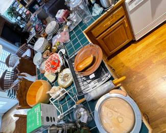 MANY kitchen items and entertainment pieces, including dishes, flatware, appliances, Tupperware, Circulon cookware, variety of glassware, vases, plates, bowls, kitchen tools, etc.