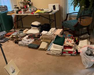 Linens, tablecloths, picture frame, 2 samovars (one brass, circa 1968-1970)