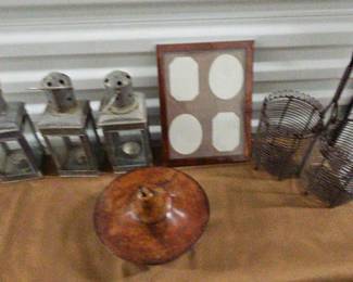 FTH197-Interesting Lot Containing Vintage Metal Candle Holders, Vintage Wire Wine Carriers, Etc.