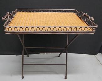 FTH102 - Antique Metal and Wicker Serving Tray with Stand