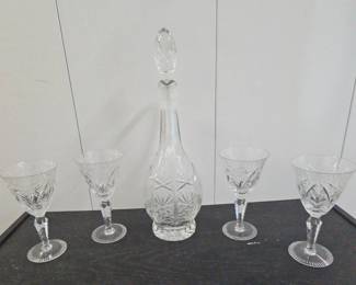 FTH336-Stunning Set Of 4 Glass Crystal Stemmed Sherry Glasses With Decanter And Stopper 