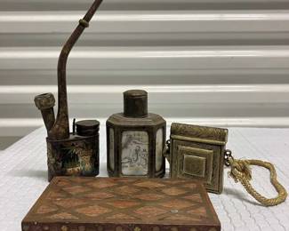 FTH201- Vintage Chinese Pewter Tea Caddy, Metal Water Pipe & Metal Ornate Pouch