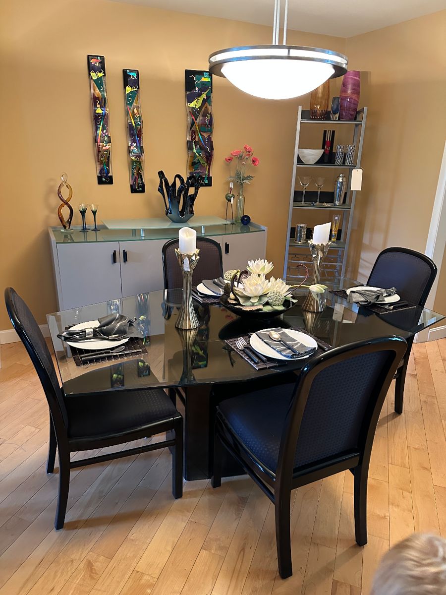Black Lacquer Table W/6 Chairs (Fabric Seats), House of Denmark Shelf and Buffet w/Glass Top