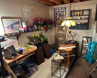 Industrial Style Desk, Oak Table, Pier 1 Small Glass and Metal Table…. (Basement)