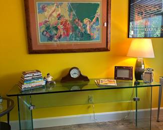 Thick Glass Foyer Table, Seiko Wood Mantle Clock, Leroy Neiman Print, etc (Office Upstairs)