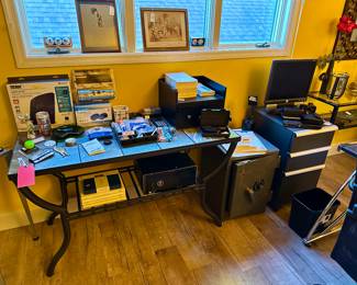 Tile Top Foyer Table, Safe, Metal 3 Drawers,  Office Supplies (Office Upstairs)