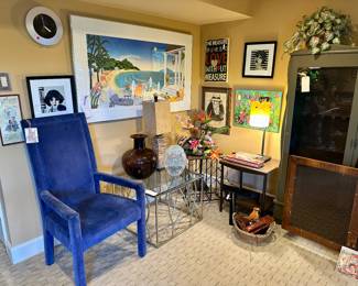Artwork, Glass and Metal Table , Vases! Etc (Basement)