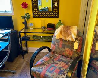 Distressed Metal & Glass Foyer Table, Arm Chair, Metal Basket Weave Mirror. (Office Upstairs )