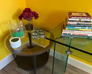 Round Glass & Metal Table - Crate & Barrel, 
Vintage Golf Glassware, etc.            . (Office Upstairs)
