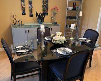 Black Lacquer Table W/6 Chairs (Fabric Seats), House of Denmark Shelf and Buffet w/Glass Top