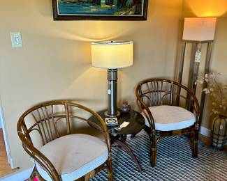 Bamboo Chairs, Contemporary Lamp & Floor Lamp, Vintage Oil Painting (Living Room)