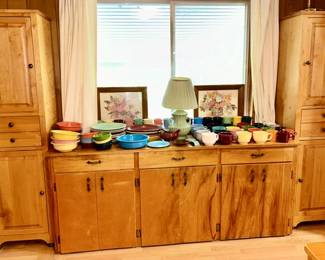 Two Butler Pantries, long cabinet, Fiesta dinnerware, moss green pottery lamp