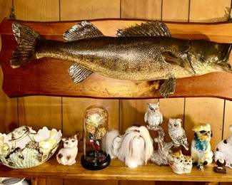 Antique fish mount, vintage figurine collectibles, etc.