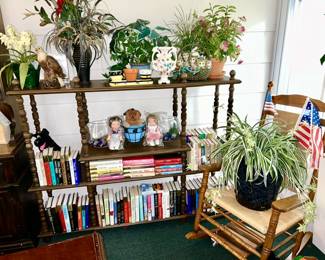 Display/book stand, vintage rocking chair, silk plants, Campbell Soup dolls, many Danielle Steel books