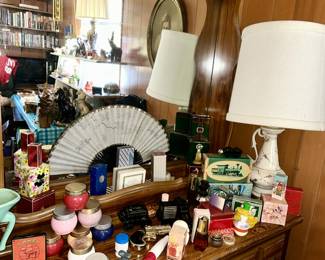 Many Avon collectible decanters, containers, vintage lamp, etc.