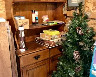 Vintage china hutch/cabinet, games, Christmas tree, etc.