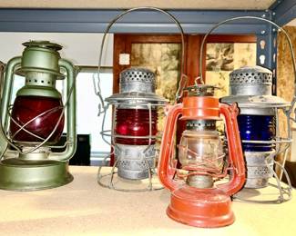 Vintage kerosene oil lamps, red, cobalt & clear globes, cobalt & red lamps SOLD