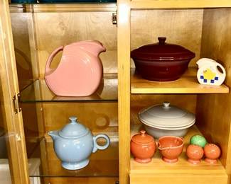 Fiesta serving pieces, vintage Chalkware wall art, MCM dog racing glasses