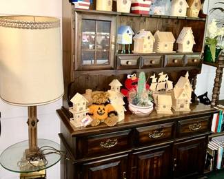 Upright china cabinet, many decorative bird houses, Floor lamp, etc.