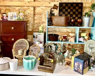 Antique water pump top (garden art), vintage 3 drawer chest, vintage shelf, misc. collectibles, modern baskets, etc.