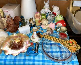 Carnival glass bowl, pink depression bowl, ceramic & woven planters, etc.