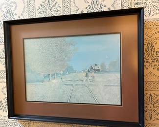 Lot #106 - $45 - Carroll Cloar Print of a pair crossing railroad tracks - 21" x 27" framed