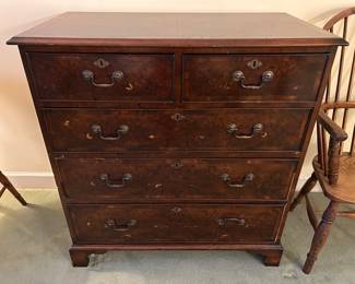 Lot #34 - $395 -English burl chest 2 drawers over 3. The veneer has been repaired in some areas. 40"H x 20"D x 38"W