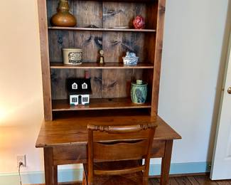 Lot #46. $250 - Table with hutch. Table is 36"W x 26-1/2"D x 29-1/2"H. Hutch is 35"W x 46"H x 12"D