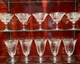 Lot # 123 - $65 - set of 5 champagne/sherbets (4”H) small chips on 2 , and 5 iced teas(5-1/2”H) Etched stemware