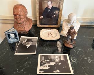 Lot #90 - $150 -Collection of Churchill busts, plate and photos including a Spode bust by Oscar Nemon (7"H)