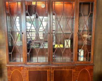 Lot #25 - $850 -Baker Furniture Historic Charleston Reproduction Breakfront china cabinet / bookcase. Lighted. 83"H x 67"W x 15"D