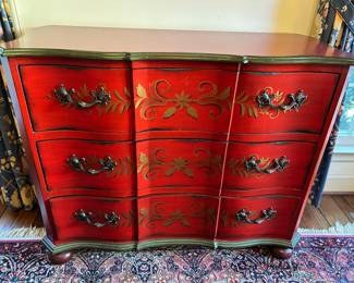 Lot #1 - $275 -red 3 drawer chest. This is a newer piece. 45"W x 36"H x 19"D