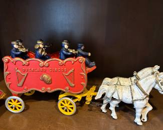 Overland Circus metal carriages. 7”H to top of men x 13”L