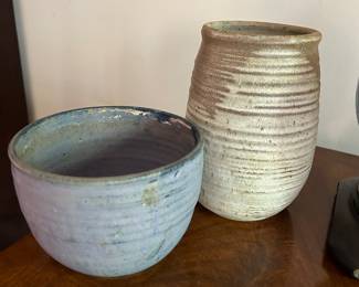 Blue bowl is 4-1/2”H and brown vase is 7-3/4”H