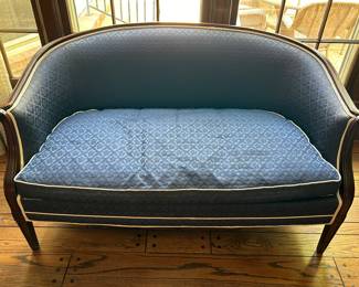 Lot #29 - $295 Blue settee. There is some sun fading on the back. 54"W x 32"H x 29"D