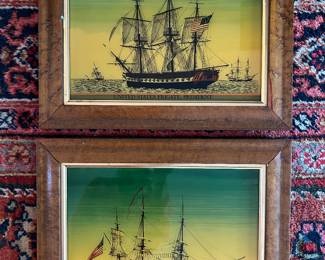 Lot #110 - $600 -Pair of English painted glass pictures of ships. 15" x 18" each framed.
