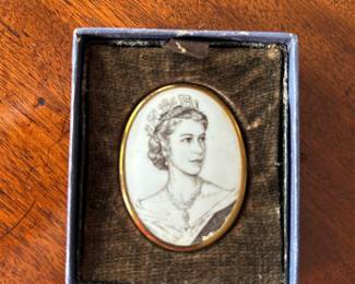 Lot #96 - $350 -Royal Worcester bone china cameo brooch for Queen Elizabeth II's coronation