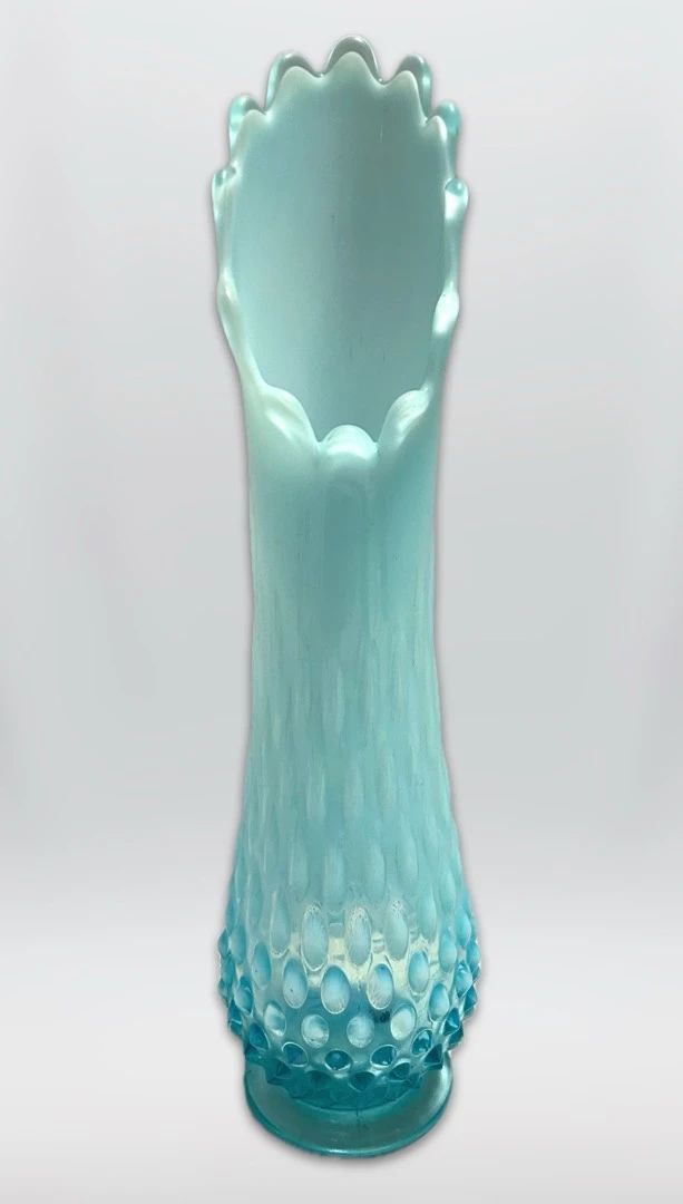 001 Fenton Blue Opalescent Glass Hobnail Swung Vase