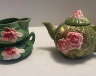Roseville Reproduction Creamer Sugar Bowl and Floral Teapot