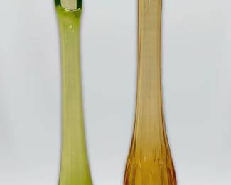 Two Swung Glass Vases Green Viking Glass Amber Fenton Thumbprint Pattern