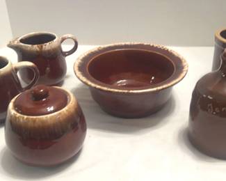 Brown Glazed McCoy Sugar Creamer Set, Hull Mixing Bowl, and Small Jug Crock